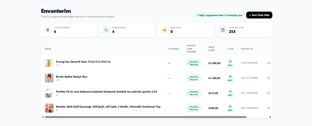 Envanter — Shopify stok senkronizasyonu (~5 dk), satış fiyatı