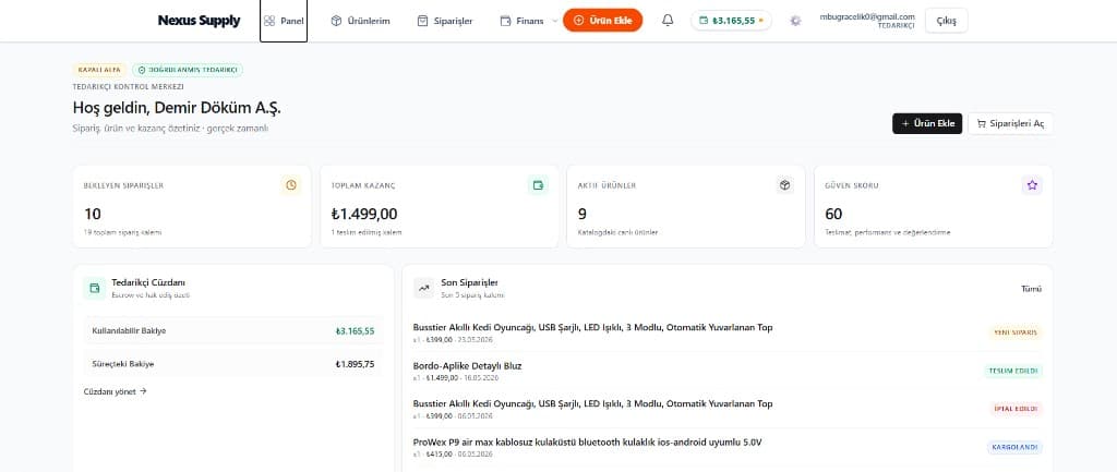 Tedarikçi Kontrol Merkezi — Bekleyen siparişler, toplam kazanç, aktif ürünler, güven skoru